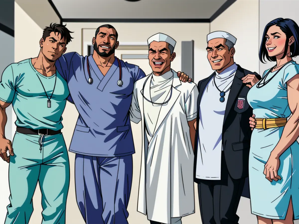 In a lively hospital setting, the diversity of healthcare professionals shines bright. Teamwork is...