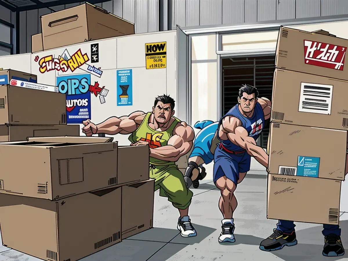 Three multiracial individuals in work attire, handling crated goods, transfer them into the rear of...